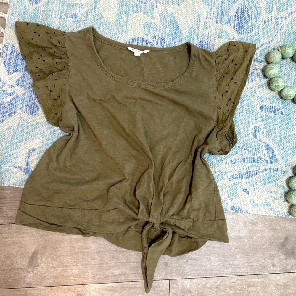 Jane + Delancey Olive Green Tie-Front Flutter Sleeve Cotton Top Women’s Sz XL - Picture 2 of 8
